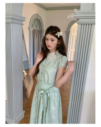 “Sage Meadow Reverie” Sage Green Embroidered Shirt Dress