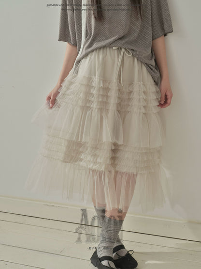 "Misty Layers" Tiered Mesh Skirt (Black / Greige)
