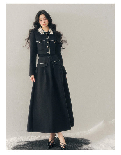 少也眼 "Whispers of Lace" Black French Lace Two-Piece Skirt Set