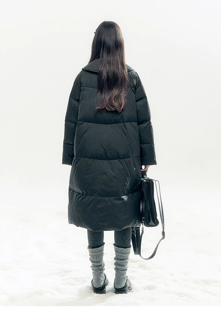 "Starry Night Little Witch" Black Long Down Coat with Detachable Bunny Bow Collar