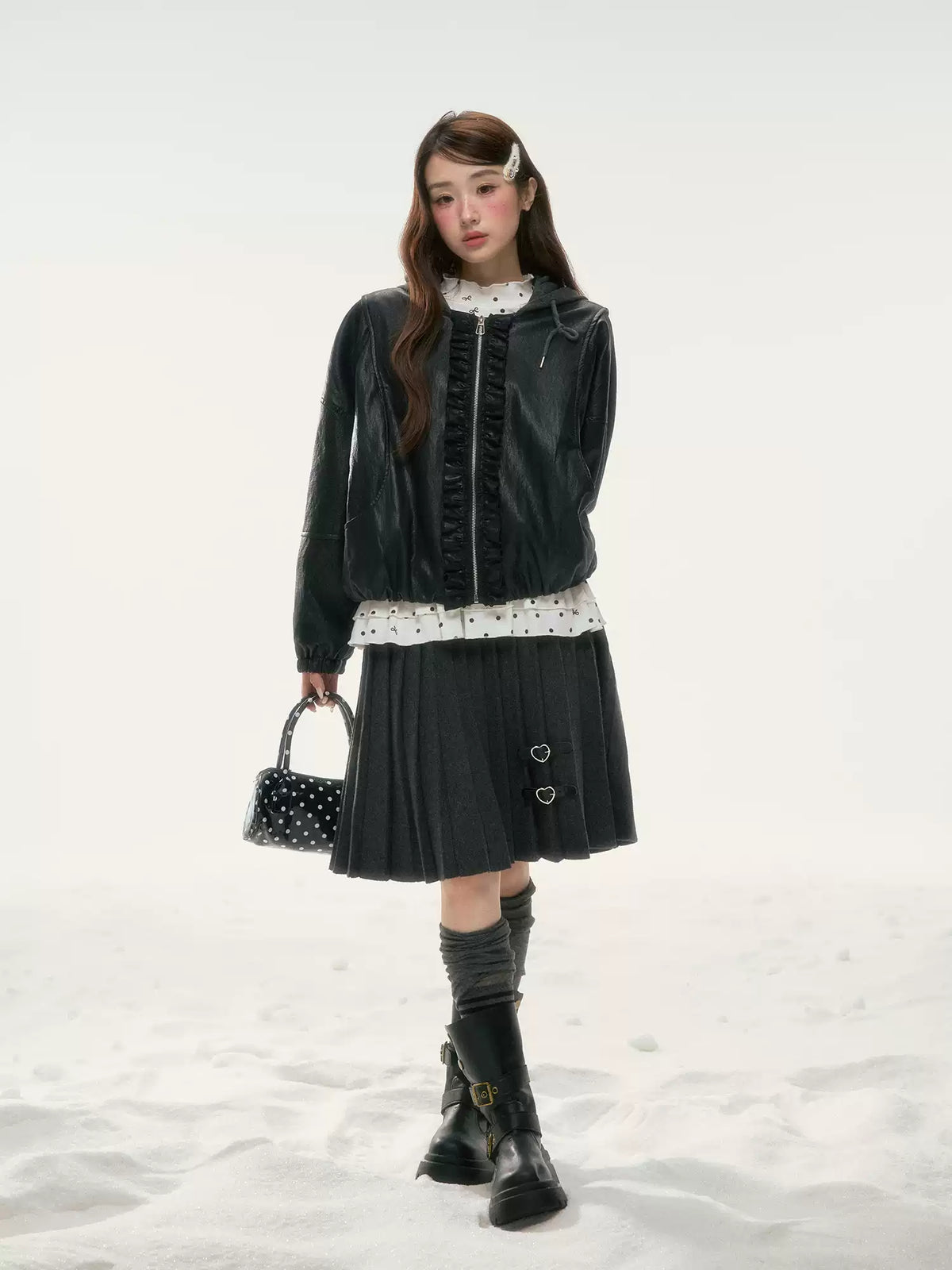 BIBIBENCY - Black Ruffle-Trim Faux Leather Jacket