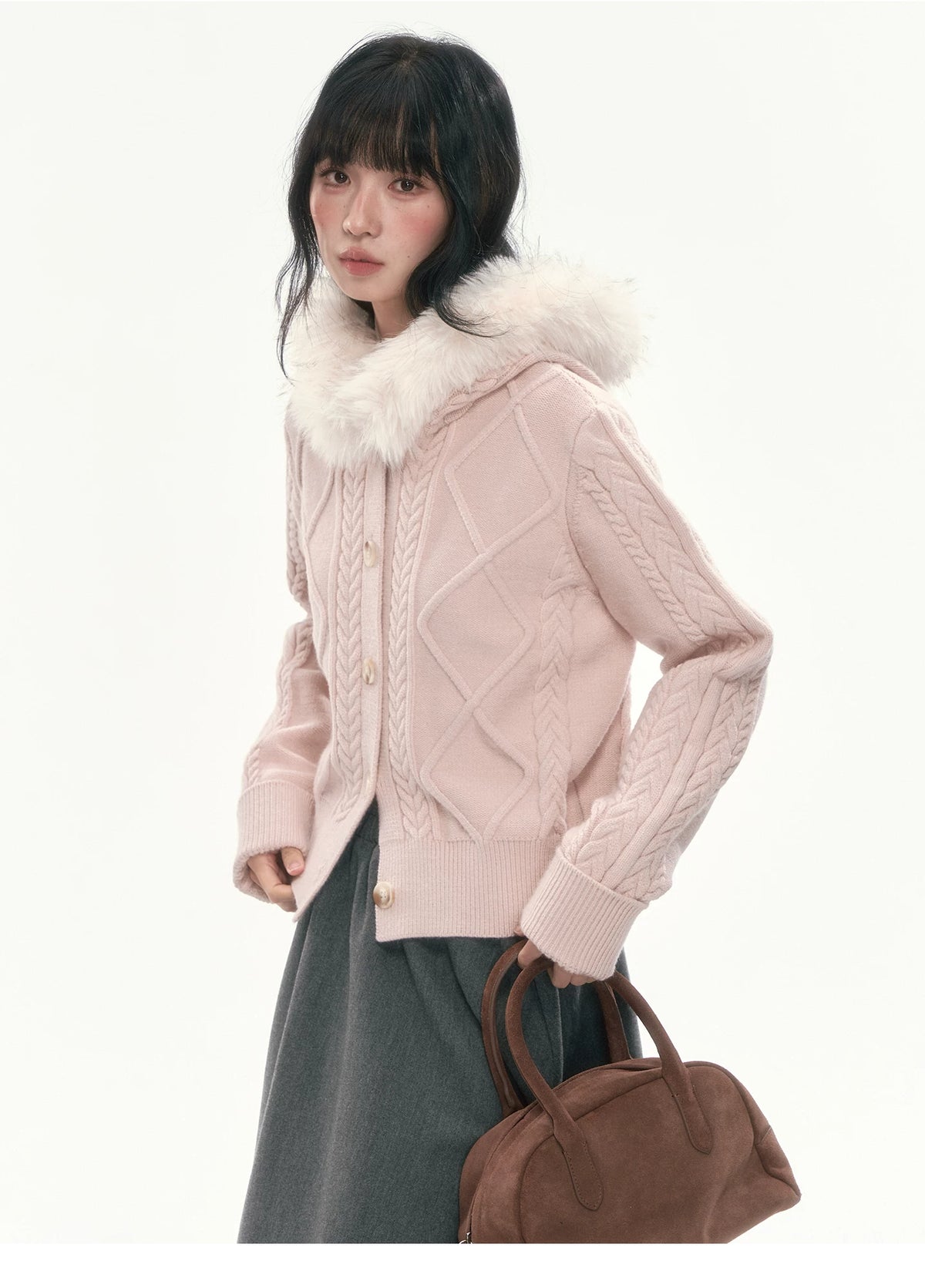 [CAN] Cable Knit Hooded Cardigan (Navy / Dusty Pink)