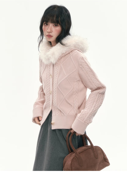 [CAN] Cable Knit Hooded Cardigan (Navy / Dusty Pink)
