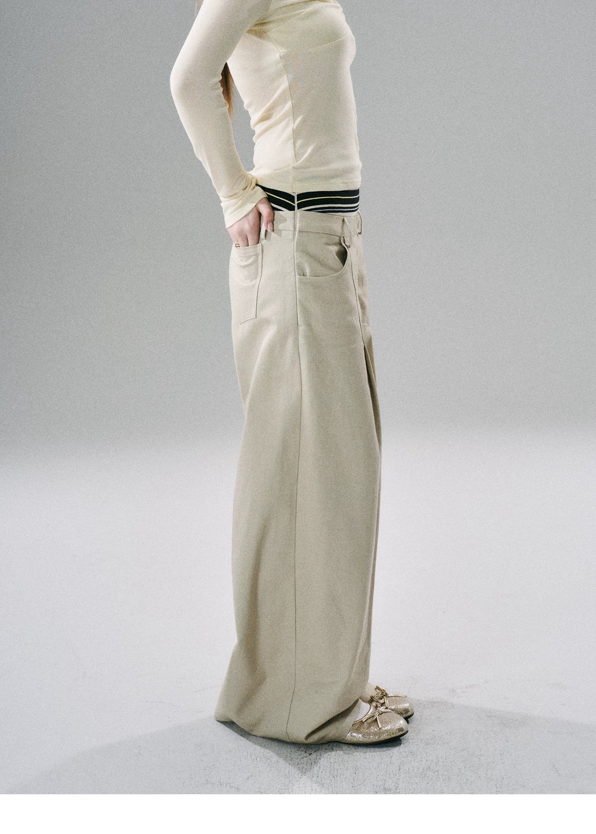 LOST FOREST - Khaki & Black Striped Wide-Leg Floor-Length Pants