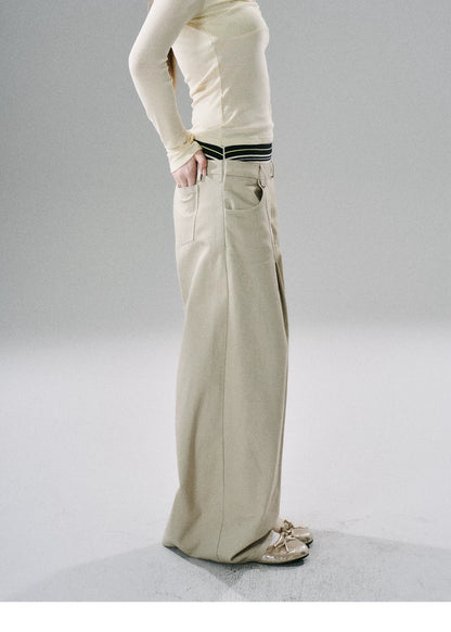 LOST FOREST - Khaki & Black Striped Wide-Leg Floor-Length Pants