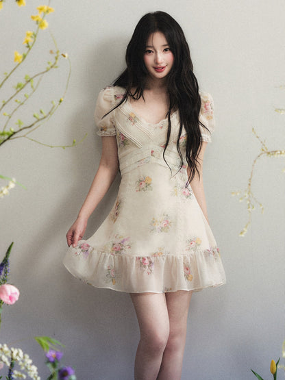 “Apricot Garden Waltz” Lace Trim Floral Mini Dress