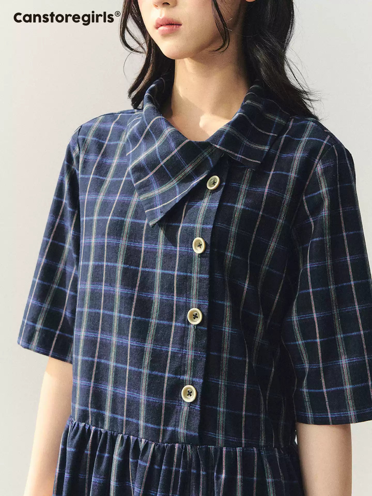 "Plaid Narrative" Asymmetric Neck Knit Midi Dress WW2026022