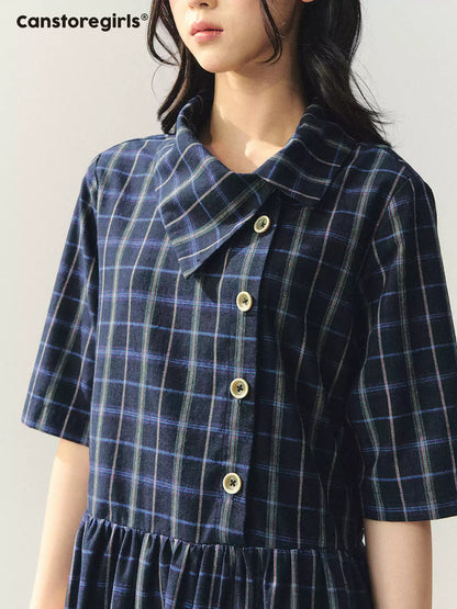 "Plaid Narrative" Asymmetric Neck Knit Midi Dress WW2026022