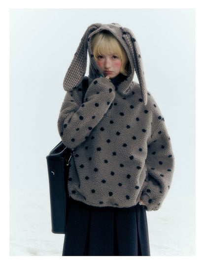 Horridale - Pink Black Polka Dot Sherpa Fleece Hoodie with Bunny Ears