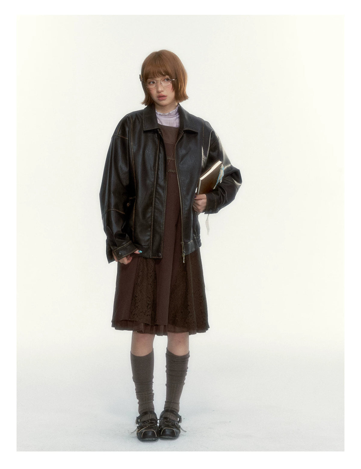 "Caramel Afterglow" Cocoa Brown Lace-Trim A-Line Dress Set with Purple Plaid Layering Top