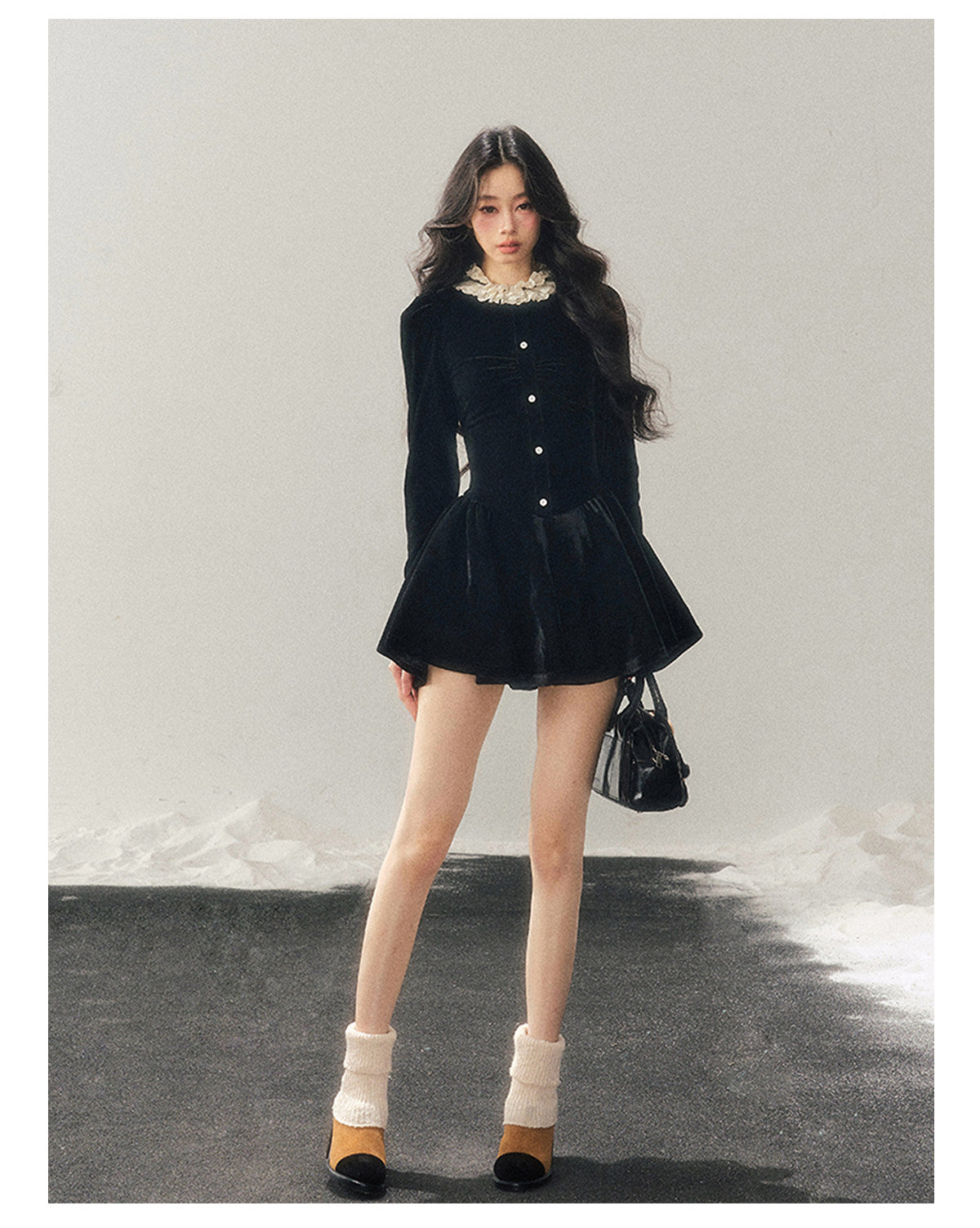 040126 "The Bladette Heiress" French Lace-Trim Velvet Mini Dress