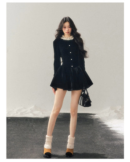 040126 "The Bladette Heiress" French Lace-Trim Velvet Mini Dress