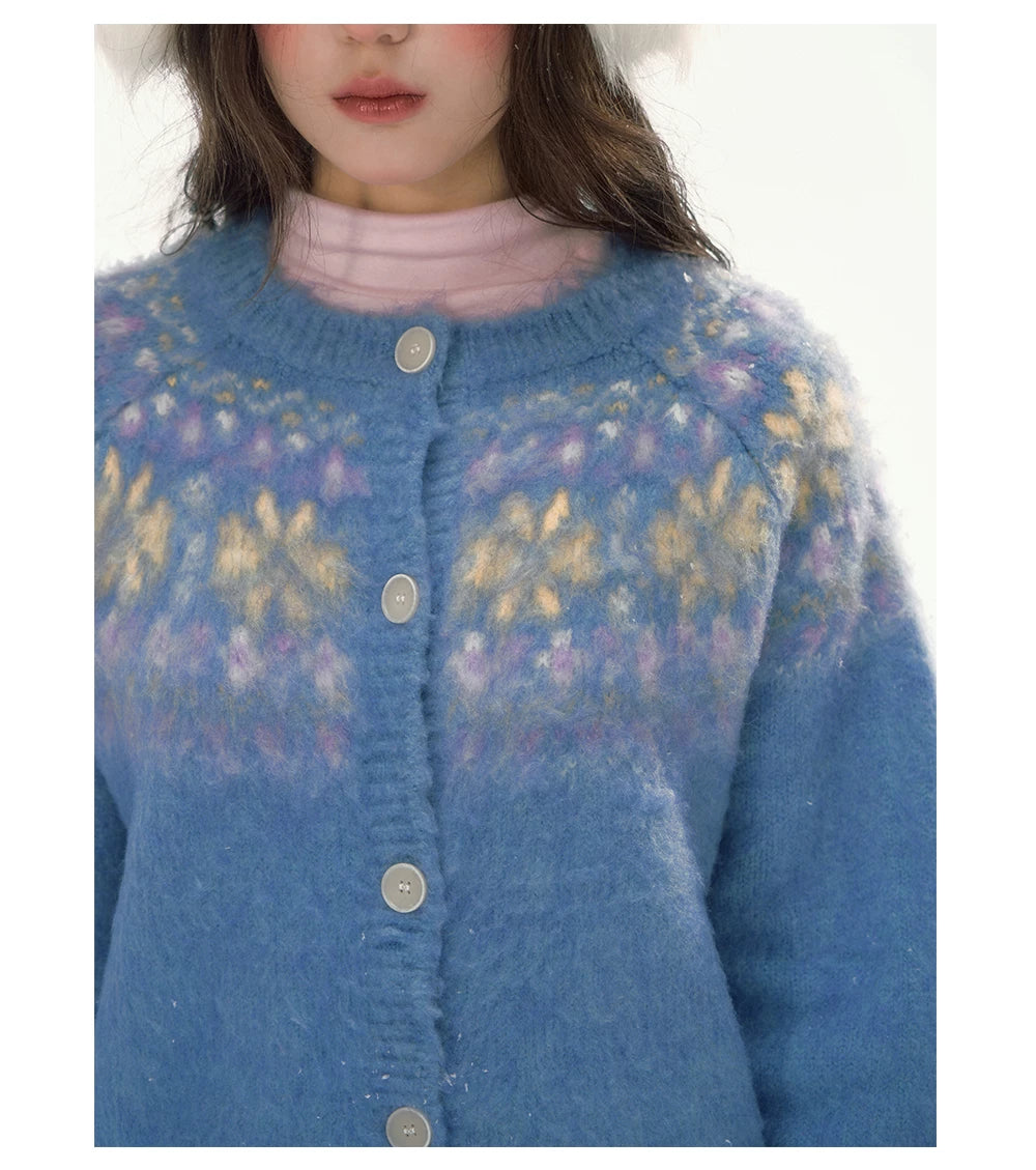 CANSTORE - "Blue Sky Echo" Fair Isle Bow Jacquard Knit Cardigan