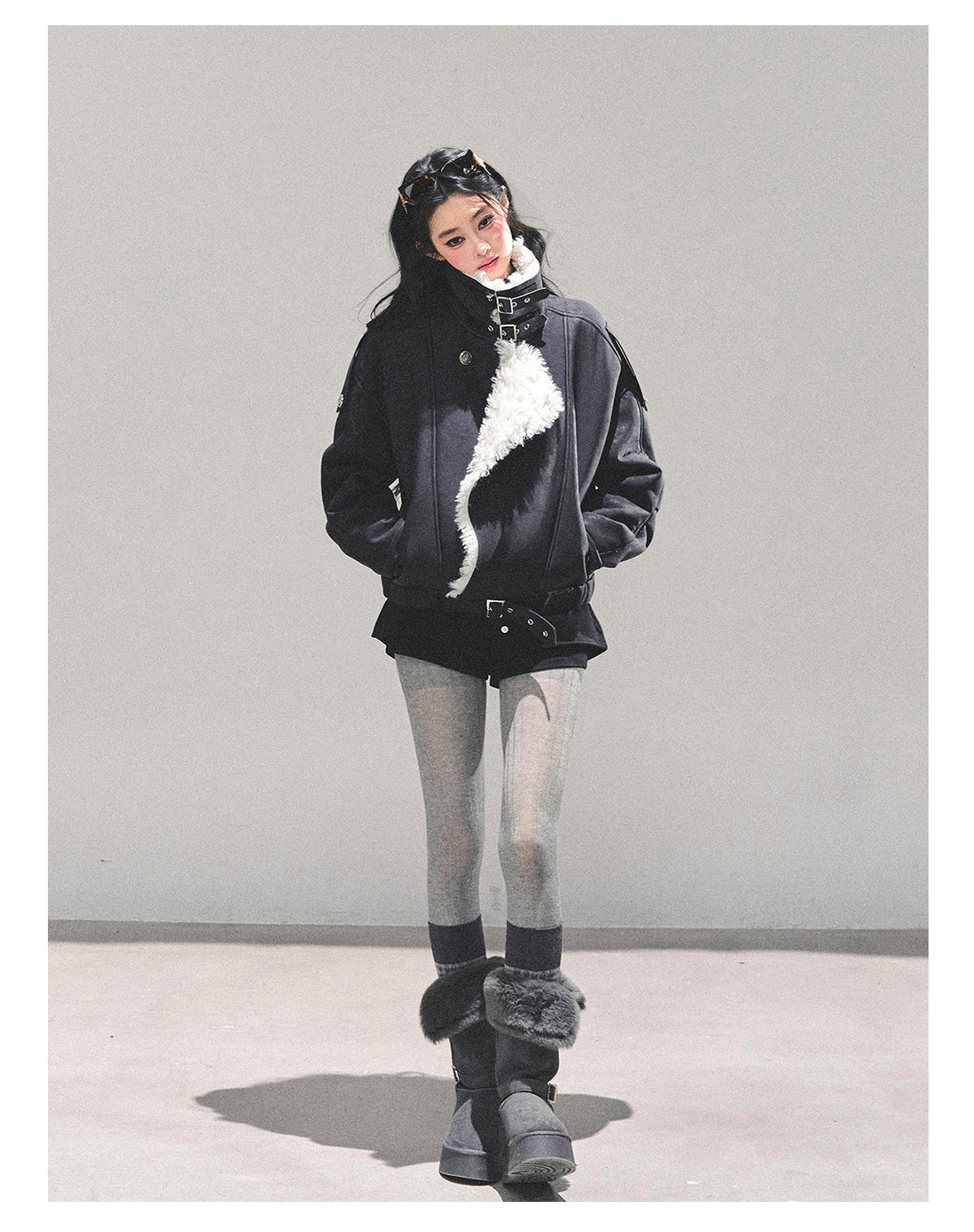 少也眼 "Time’s Hidden Reef" Faux Fur-Lined Cotton Jacket with Belt 8731321
