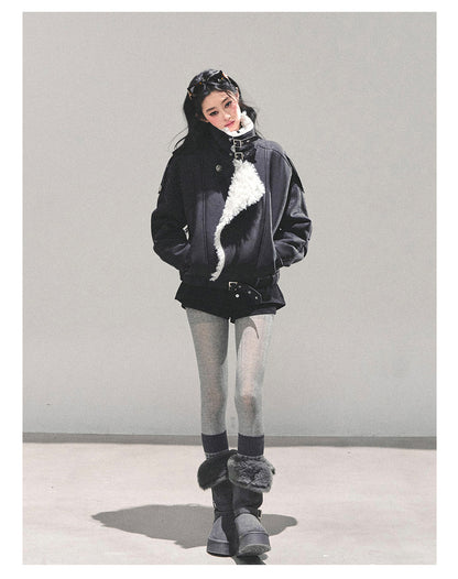 少也眼 "Time’s Hidden Reef" Faux Fur-Lined Cotton Jacket with Belt 8731321