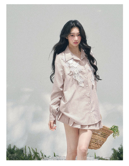 少也眼 "Pink Cloud Reverie" Cinnamon Pink Lace Sweet Two-Piece Skirt Set 563856385