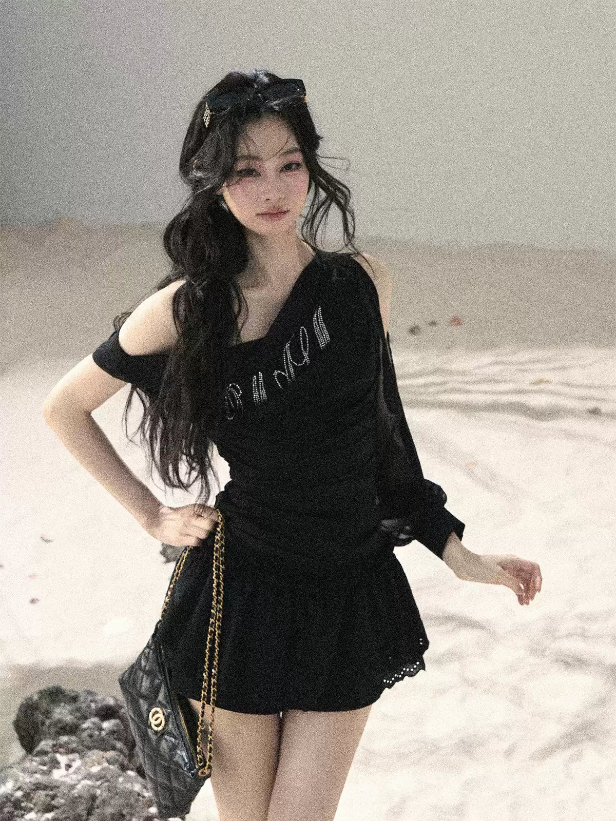 "Scattered Starlight" Midnight Black Off-Shoulder Mesh Waist-Cinched Top