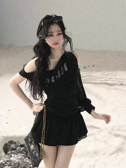 "Scattered Starlight" Midnight Black Off-Shoulder Mesh Waist-Cinched Top