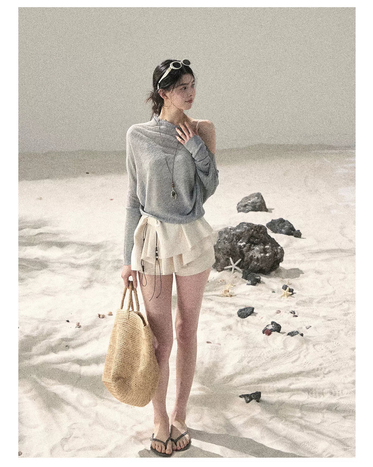 "Misty Veil Whisper" Cloud Trail Gray Off-Shoulder Sheer Sun Protection Top 5345634