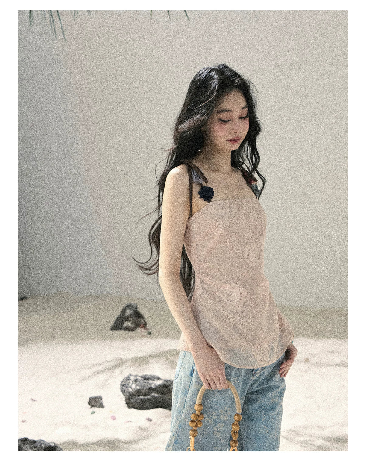 "Begonia in the Evening Breeze" Lotus Pink Embroidered Floral Cami Top