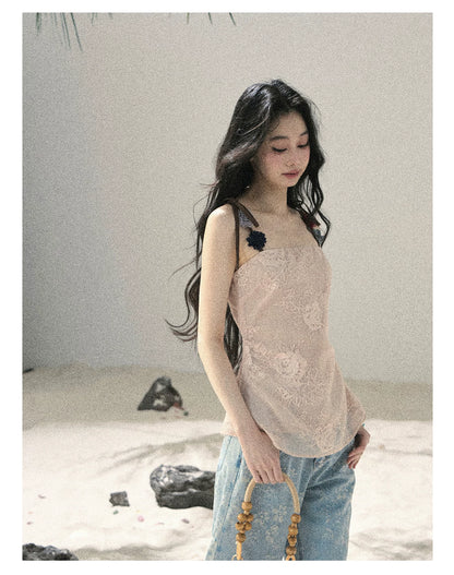 "Begonia in the Evening Breeze" Lotus Pink Embroidered Floral Cami Top