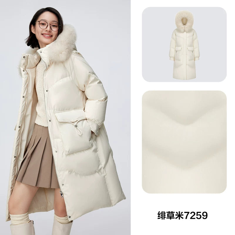 Urban Warm Fox-Fur Collar Mid-Length Down Jacket B40145212