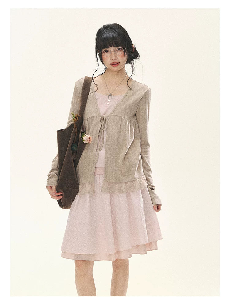 "Roasted Tea Heart" Milk Tea Faux-Layer Lace Cardigan & Skirt Set