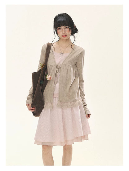 "Roasted Tea Heart" Milk Tea Faux-Layer Lace Cardigan & Skirt Set