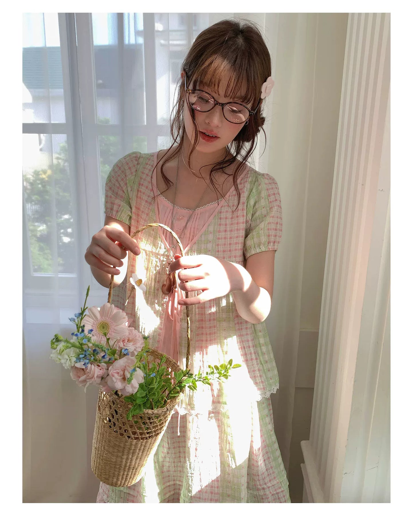[RF] “Green Grape Picnic” Pastel Plaid Two-Piece Skirt Set