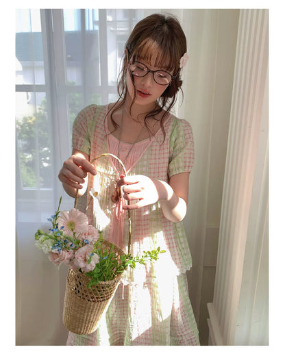 [RF] “Green Grape Picnic” Pastel Plaid Two-Piece Skirt Set
