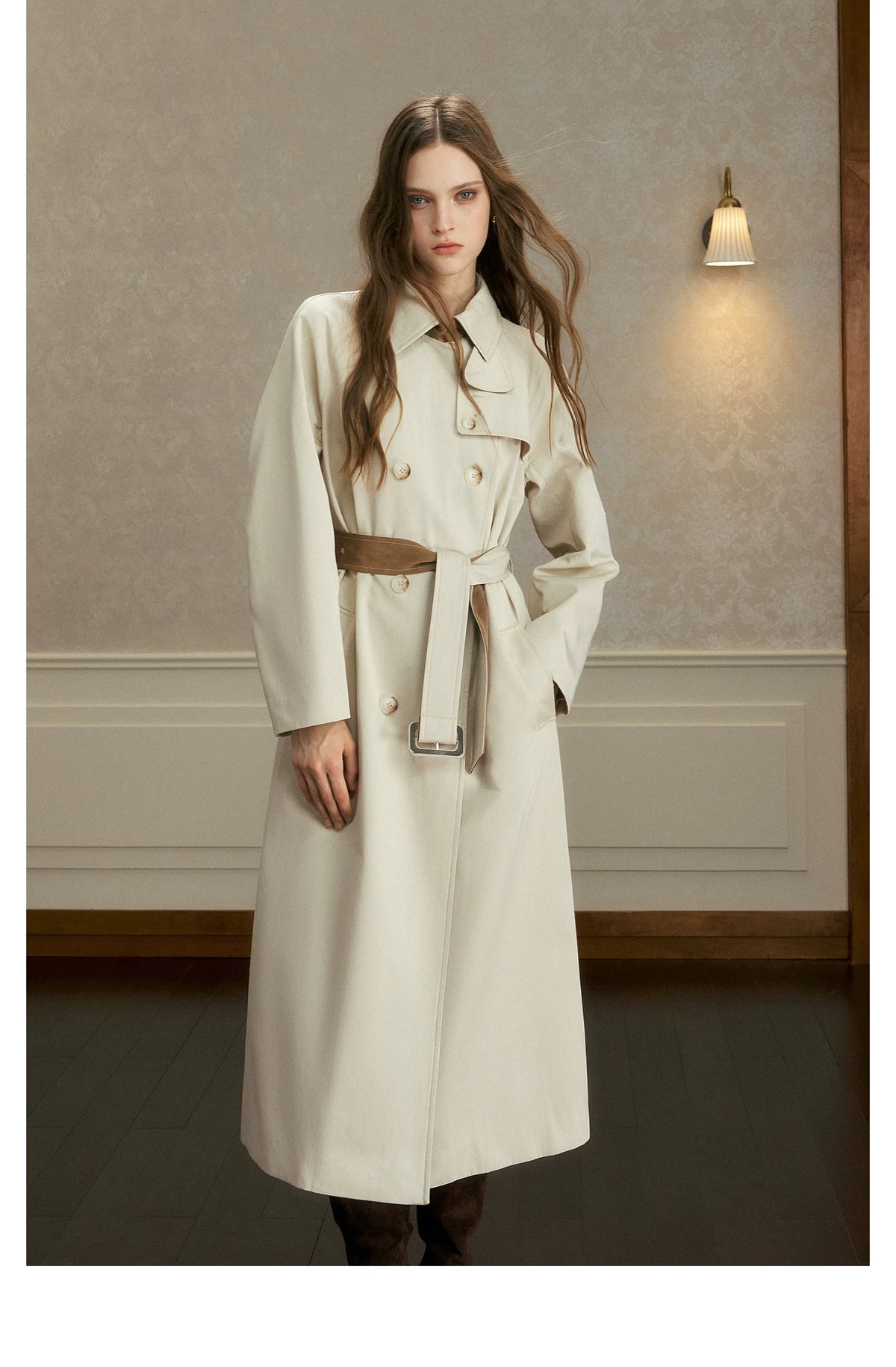oshea - Moonlight Gray Double-Breasted Belted Long Trench Coat