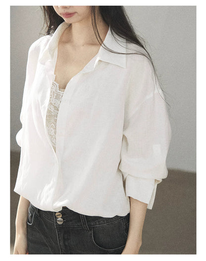 AOMALM - "Wandering Sunlight" Almond Beige Faux Two-Piece Lace Shirt Top