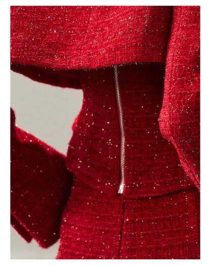 少也眼 "Before the Moon Falls" Bouclé Wool Tweed Three-Piece Mini Set - Cabernet Red