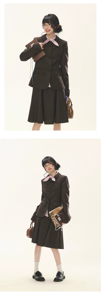 "Academy Memoir" Chocolate Brown Stripe Blazer & Pleated Skirt Set