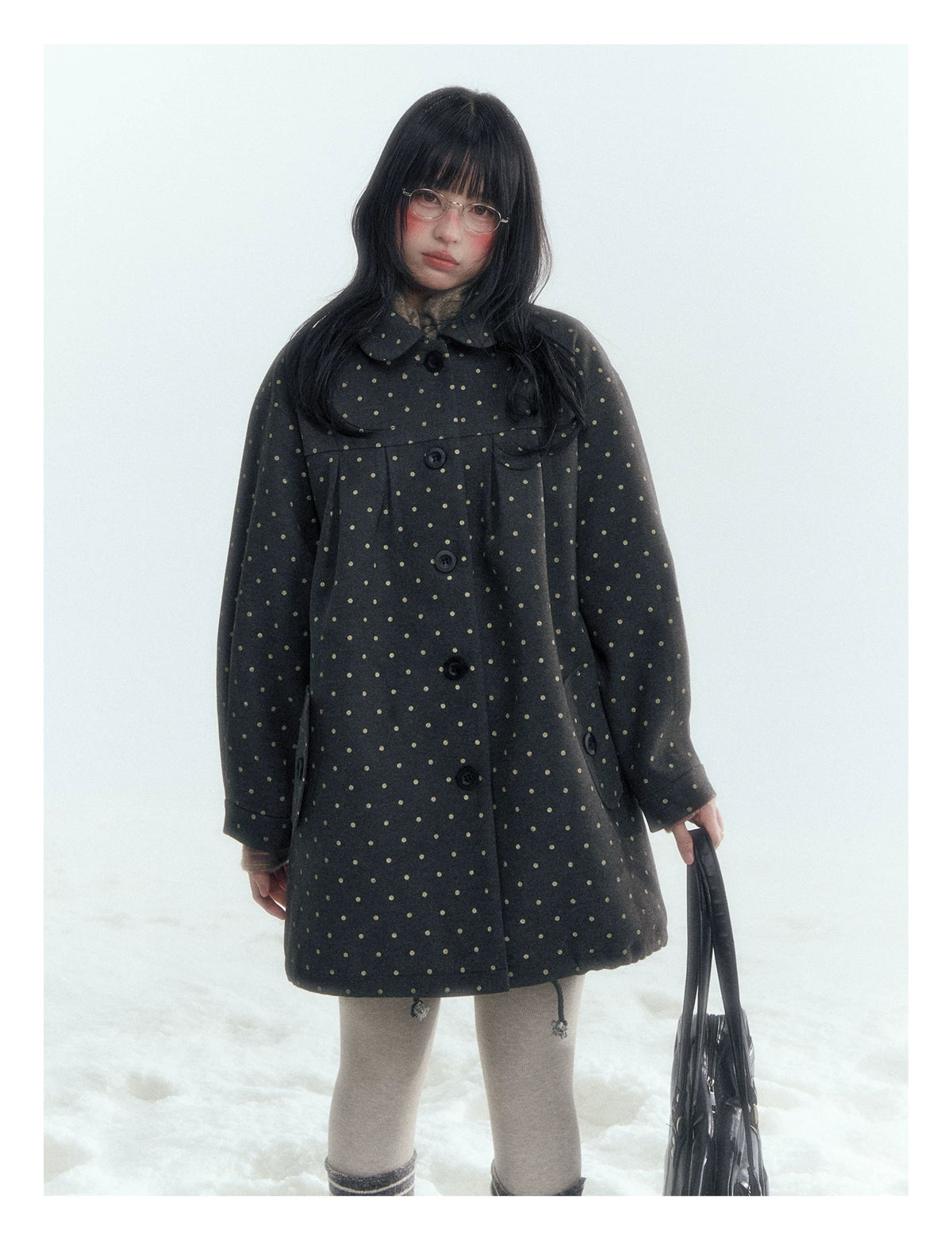 Horridale - Peter Pan Collar Pleated Mid-Length Wool-Blend Coat – Gray Polka Dot