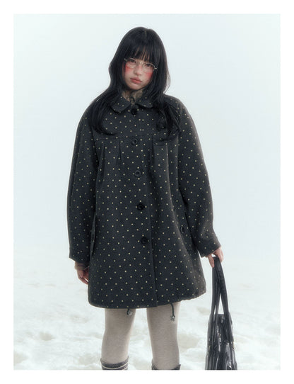 Horridale - Peter Pan Collar Pleated Mid-Length Wool-Blend Coat – Gray Polka Dot