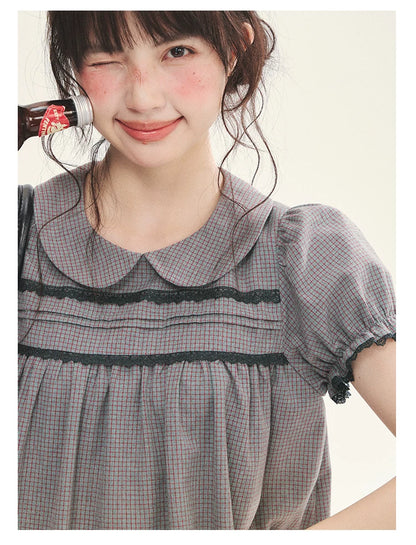 "Sweet Silhouette" Plaid Lace Trim Puff Sleeve Peter Pan Collar Blouse (Red Blue / Red White)