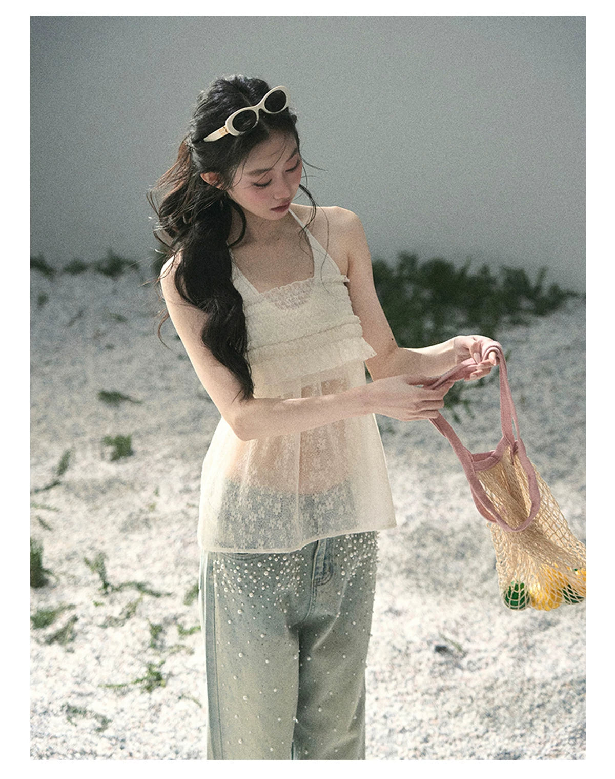 “Shattered Glasslight Veil” Cream Lace Halter Twinset Top