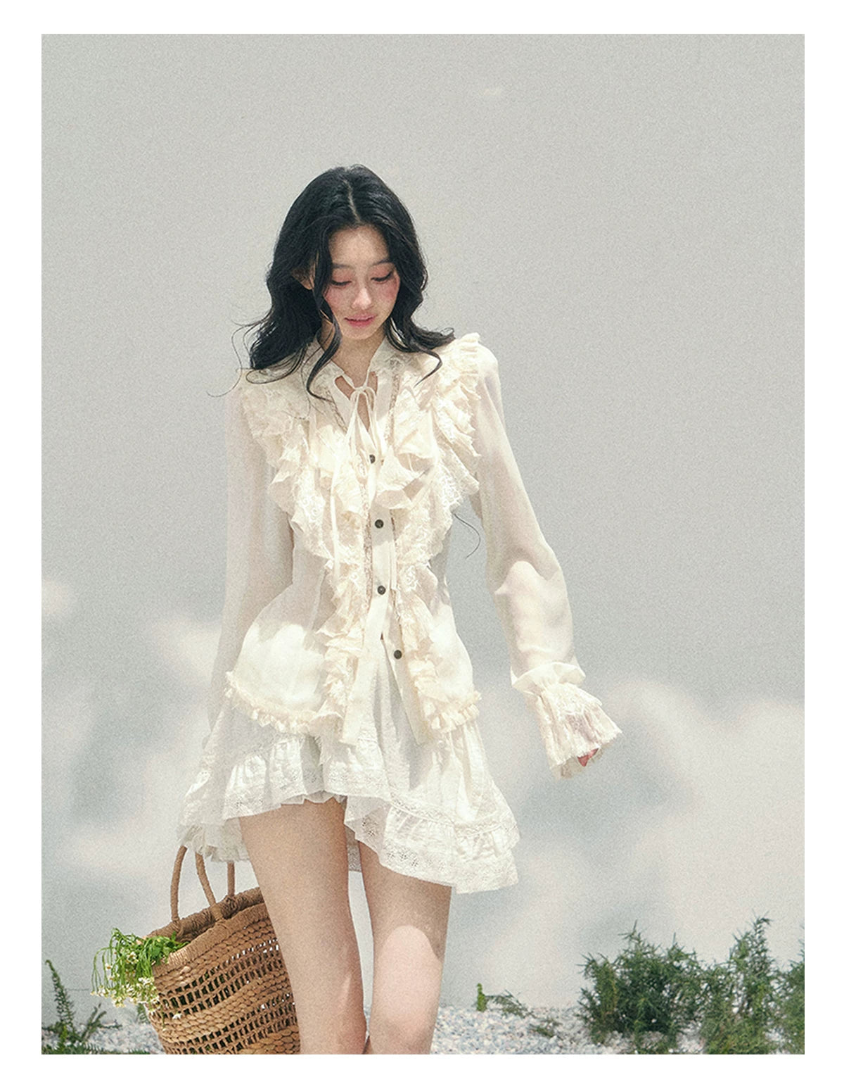 “Memory in Bloom” French Court Lace Flare Sleeve Top