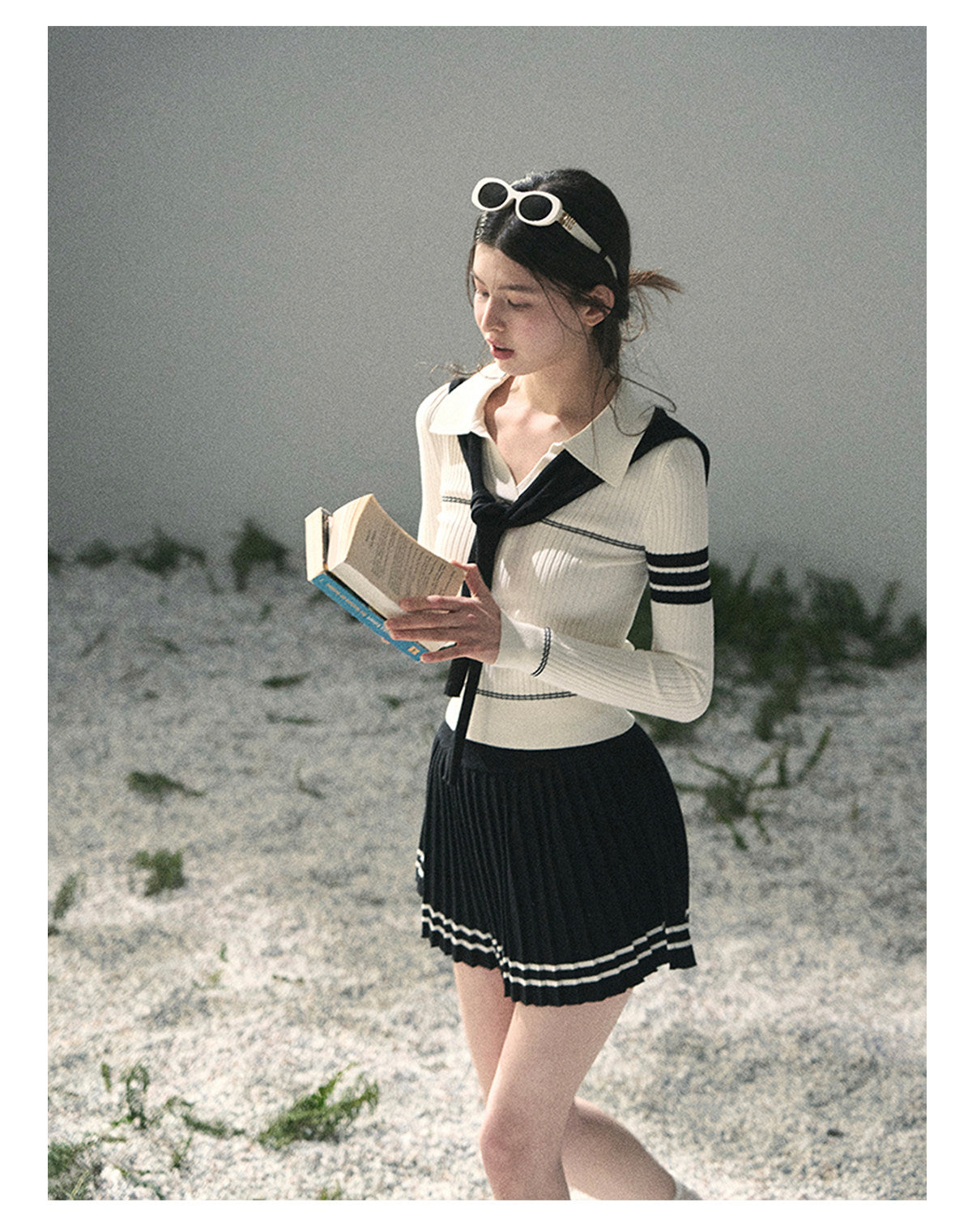 “Delhi Academy” Ivory Polo Knit Set with Midnight Black Scarf