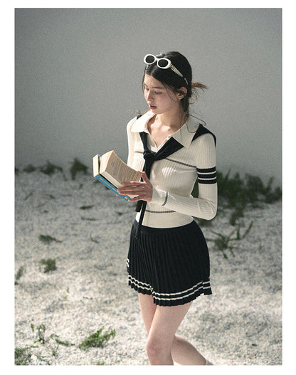“Delhi Academy” Ivory Polo Knit Set with Midnight Black Scarf
