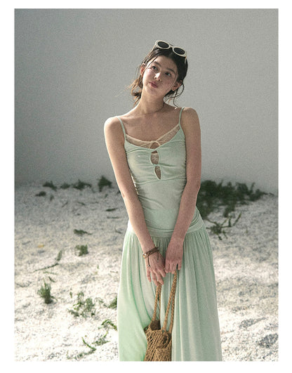 “Mint Afterglow” Jade Green Twist Cutout Top & Maxi Skirt