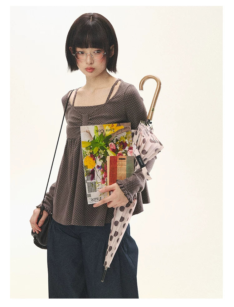 "Sweet Favorite" Polka Dot Faux-Layer Bow Knit Top (Gray Brown/ Blush Pink)