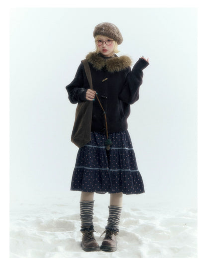 Horridale - Dark Coffee Brown Hooded Knit Cardigan with Detachable Faux Fur Collar