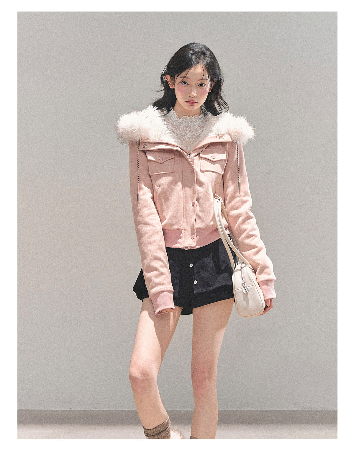 少也眼 “Snowvel Embrace” Hooded Sherpa Jacket - Cinnamon Pink 874351