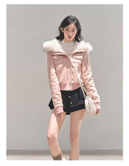 少也眼 “Snowvel Embrace” Hooded Sherpa Jacket - Cinnamon Pink 874351