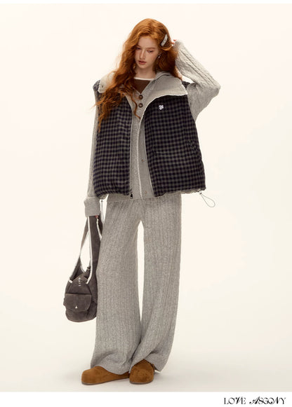 ASGONY - Reversible Plaid Lace-Trim Quilted Vest (Brown / Gray)