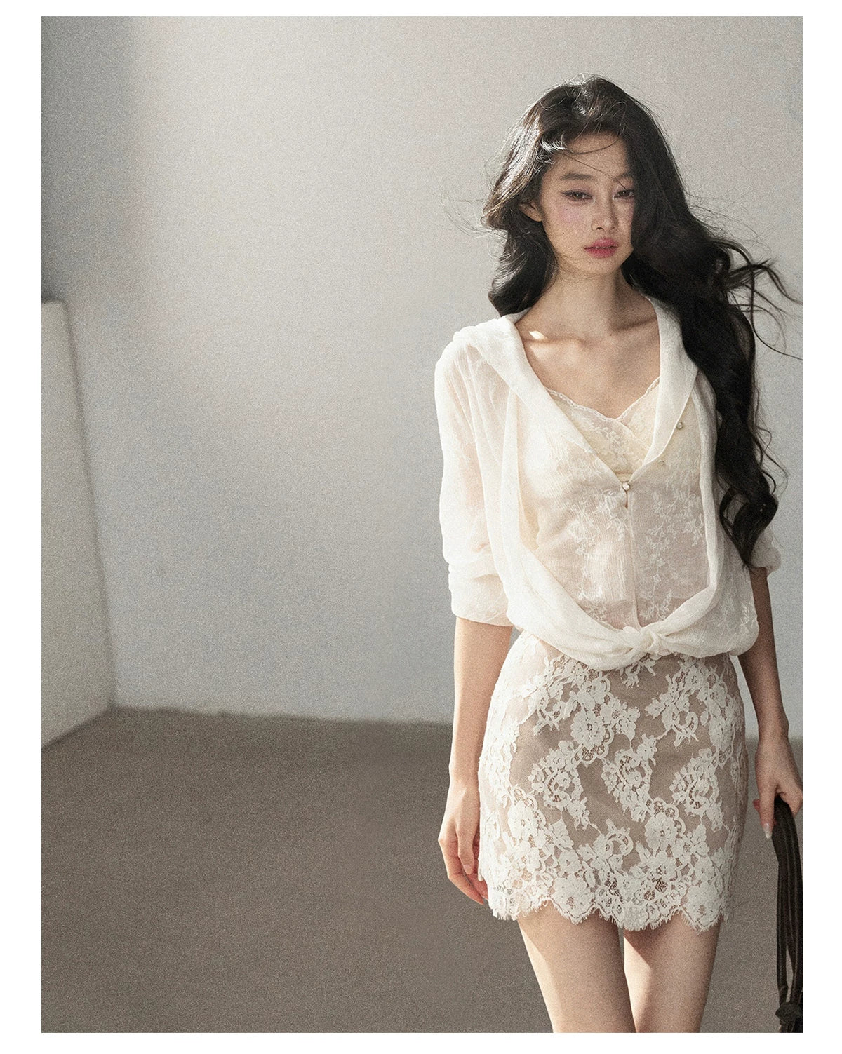 AOMALM - Cream Lace Mini Dress with Scalloped V-Neck (With Inner Bra)