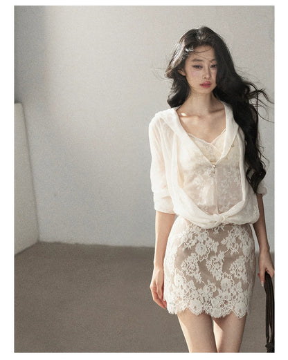 AOMALM - Cream Lace Mini Dress with Scalloped V-Neck (With Inner Bra)