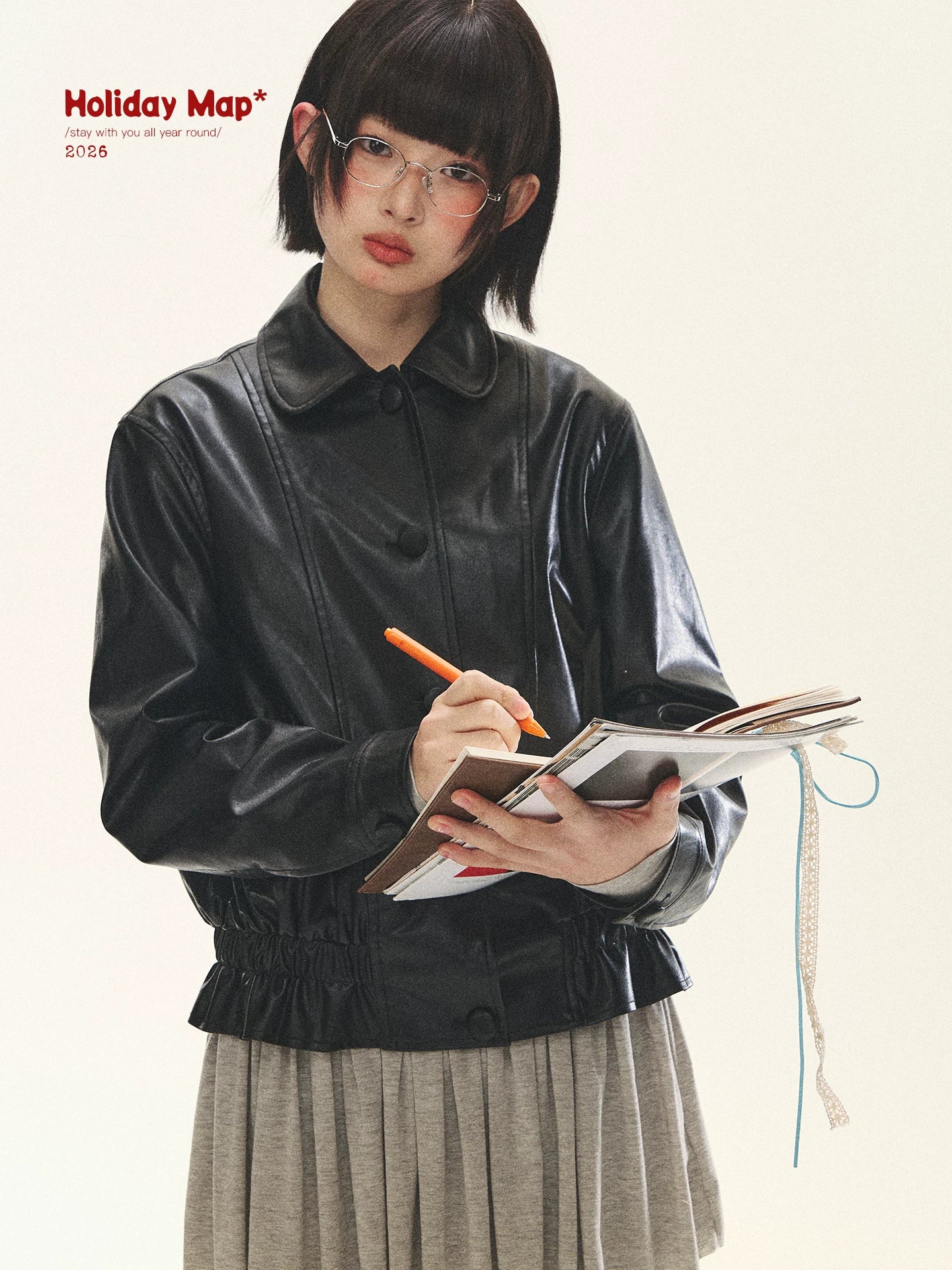 "Venus Gallery" Black Ruffle Collar Cropped Faux Leather Jacket